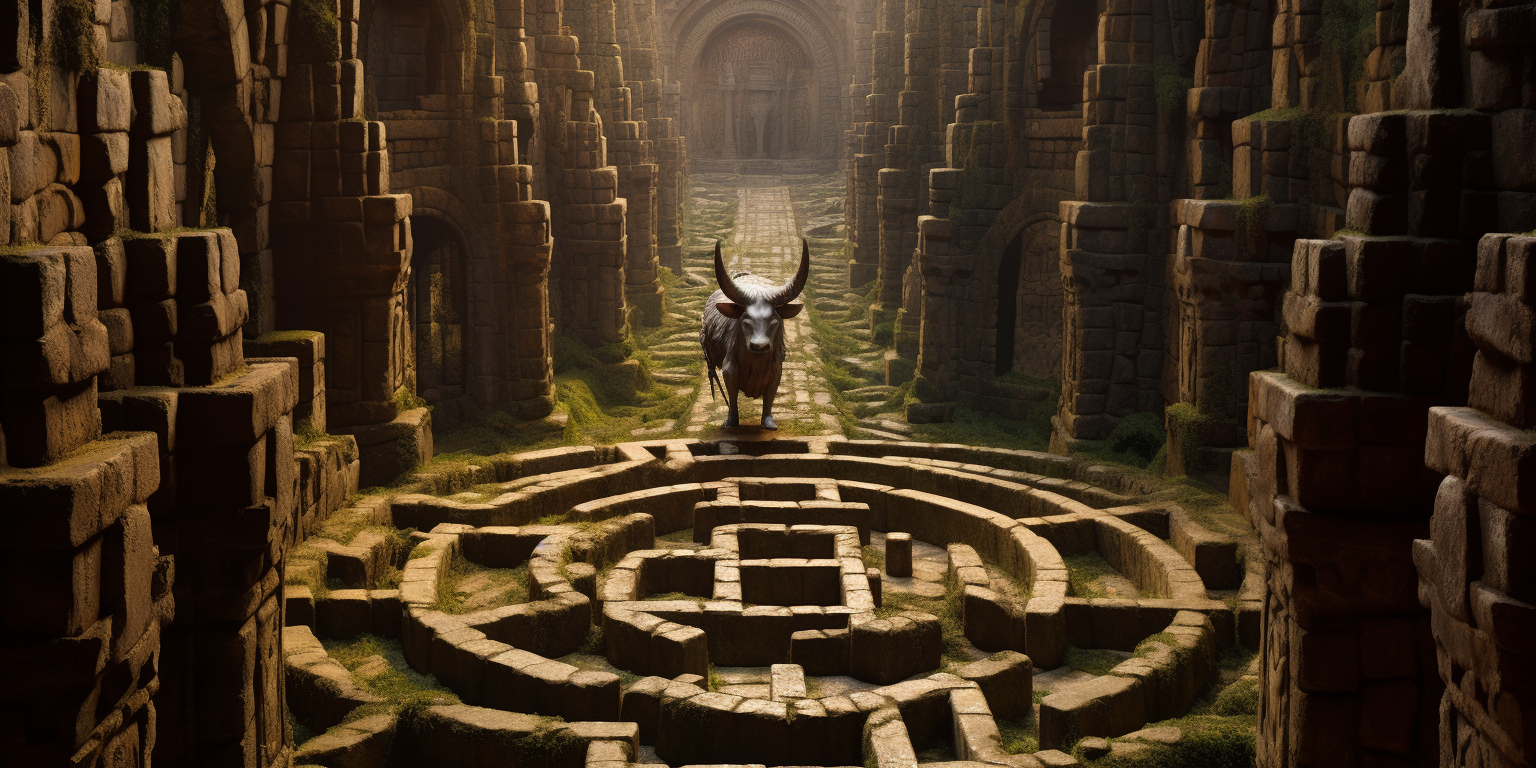 Mysterious ancient labyrinth with distant minotaur