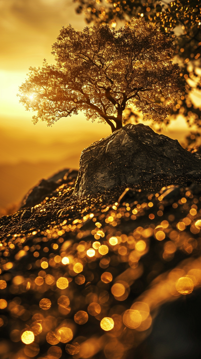 Ancient life in paradise with gold tree