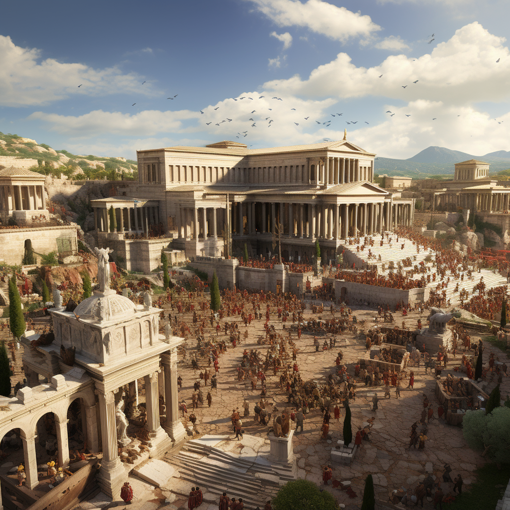 Realistic depiction of the bustling Ancient Roman Forum