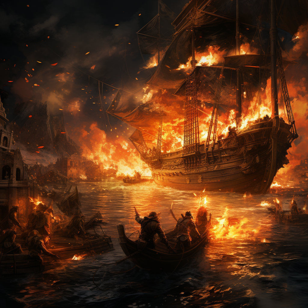 Ancient sailors engaged in fiery sword fight