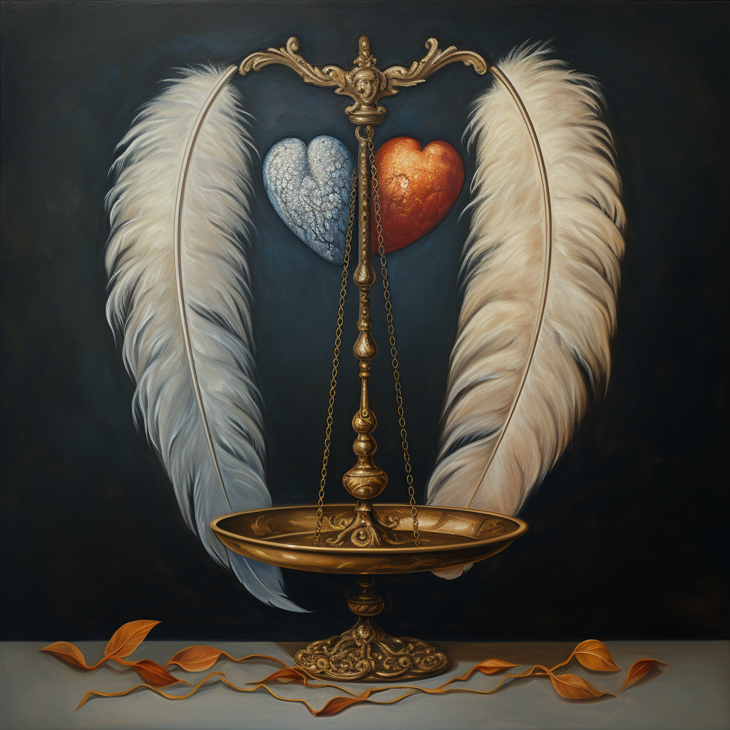 Ancient scales with feather and heart artwork