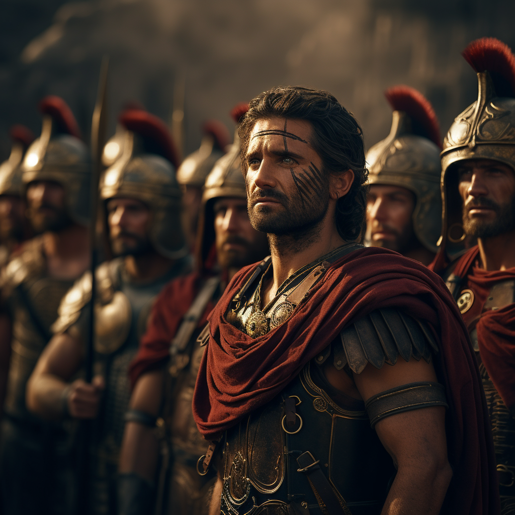 A group of ancient soldiers standing in a row with a surprised soldier