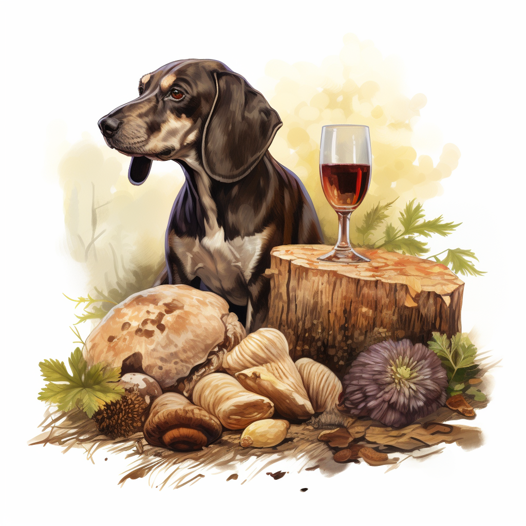 Andalusian wine dog smelling mushroom