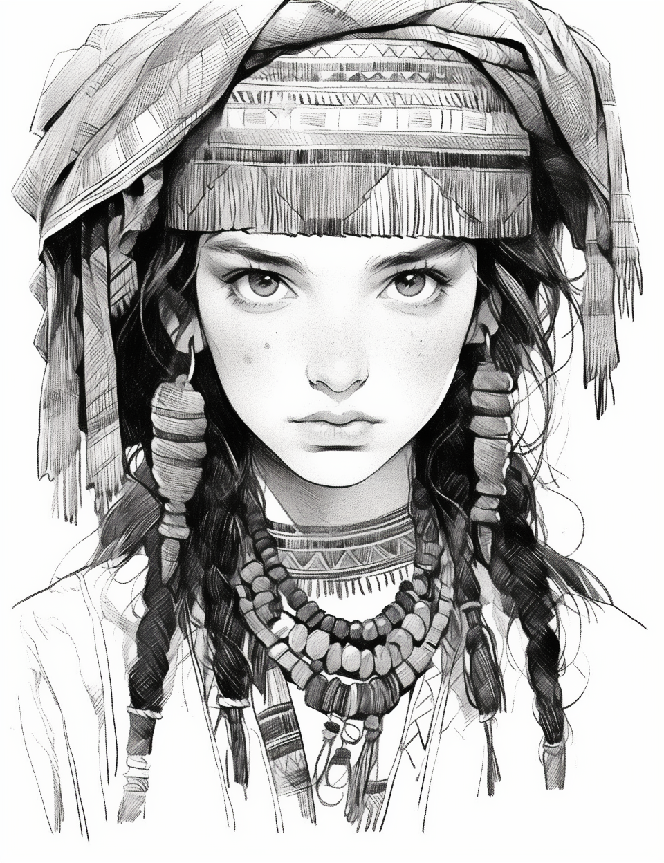 Stunning black and white sketch art of an Andean Inca princess