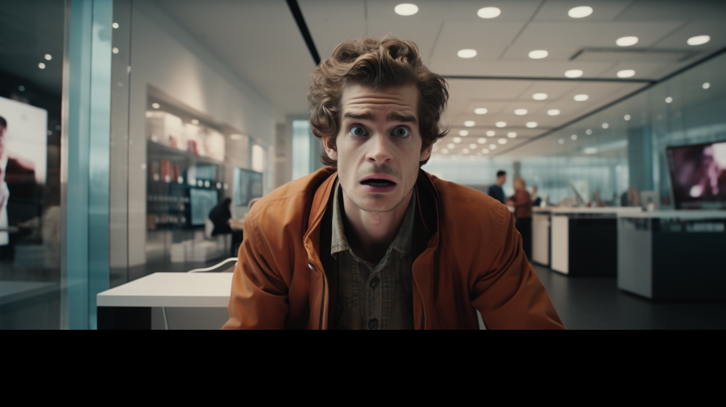 Andrew Garfield gazes at smartphone store desk