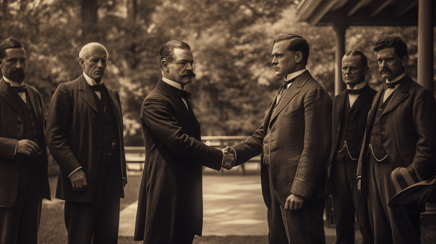 Andrew Johnson shaking hands in European Classicism style