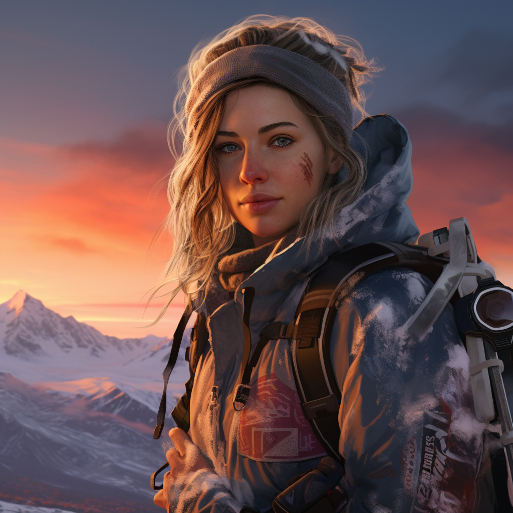 Androgynous Female Snowboarder on Snowy Mountain at Sunset