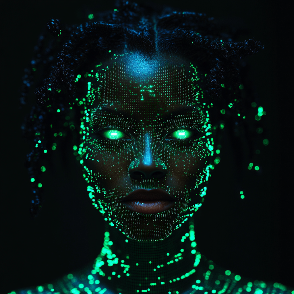 Green-eyed holographic figure