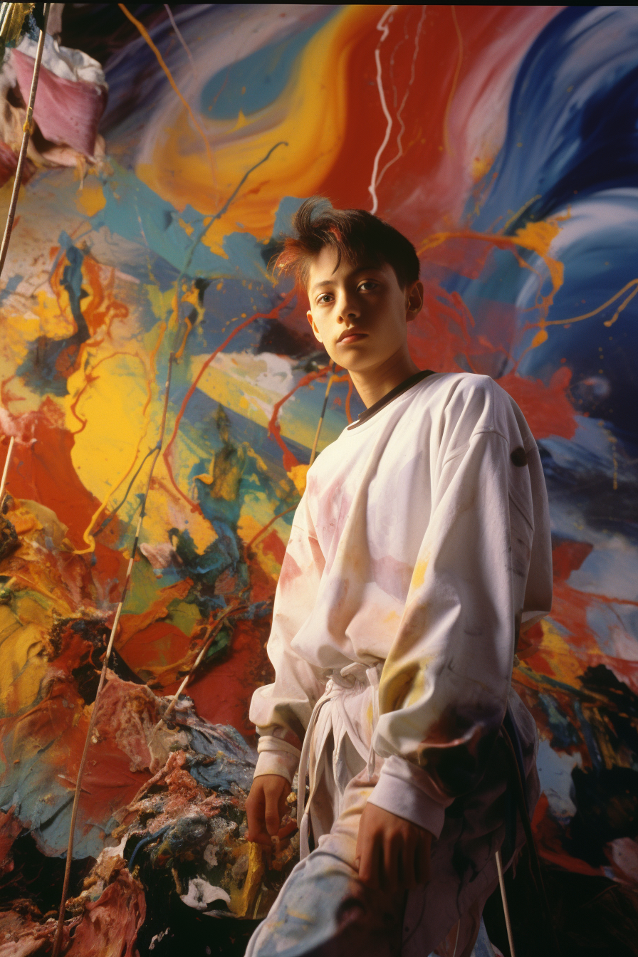 Androgynous boy covered in paint in a Kandinsky landscape