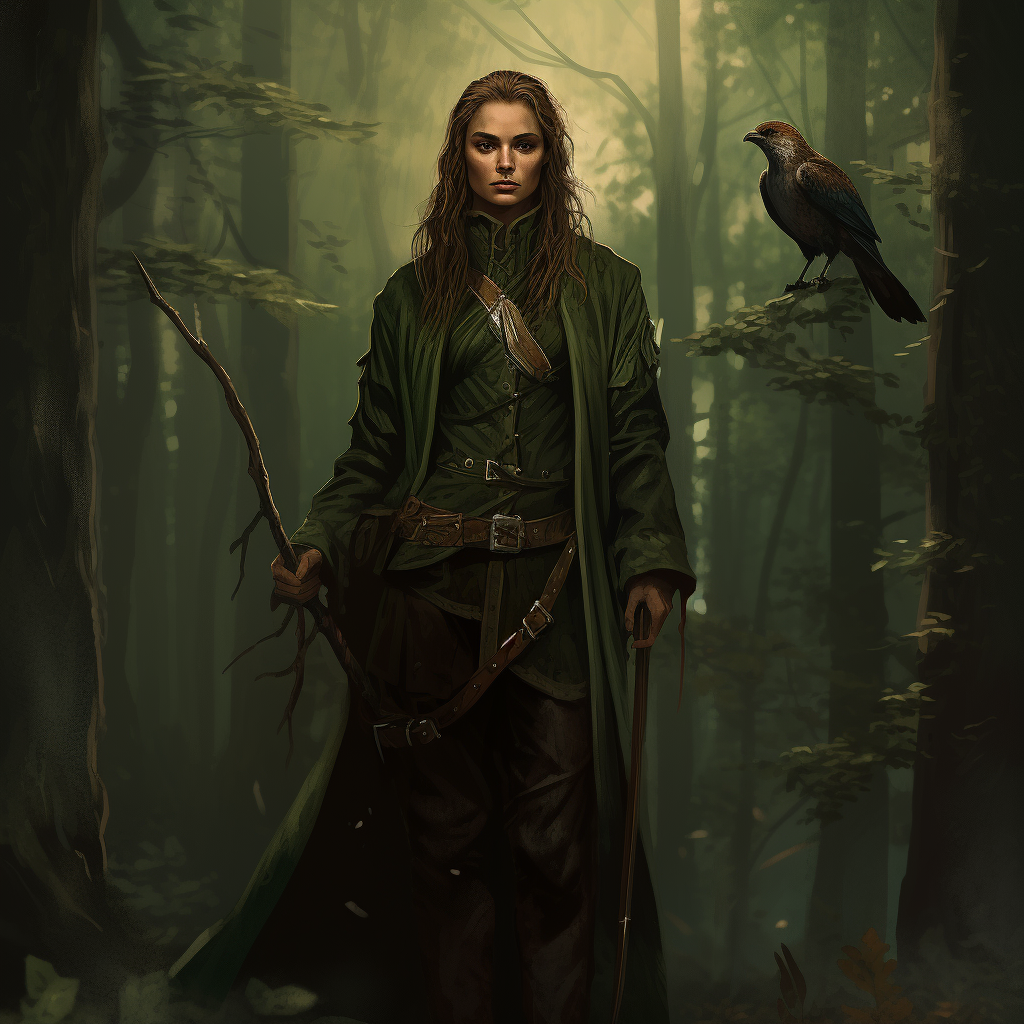 Androgynous Druid with Crow and Staff