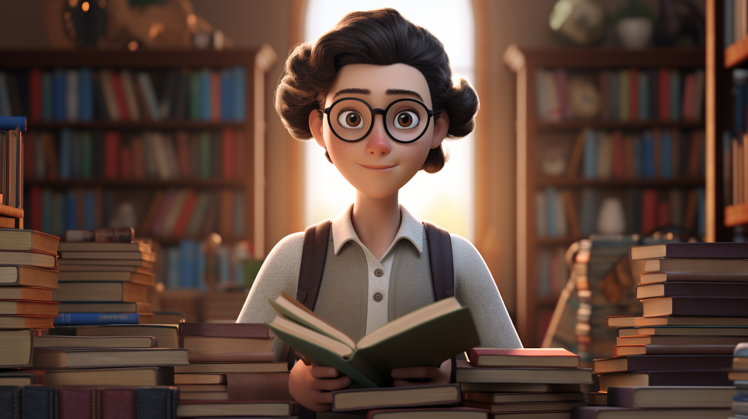 Androgynous female character holding books