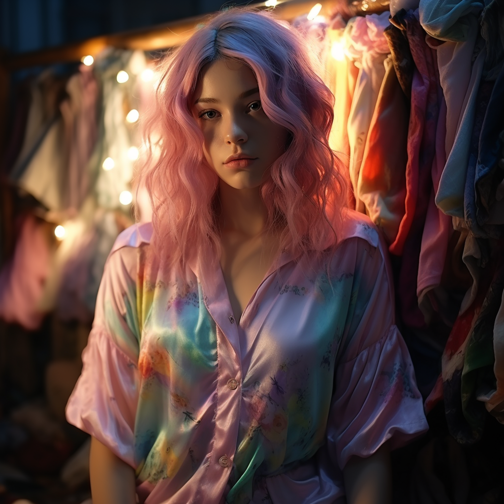 Androgynous Model with Rainbow Hair in Nighties Pose