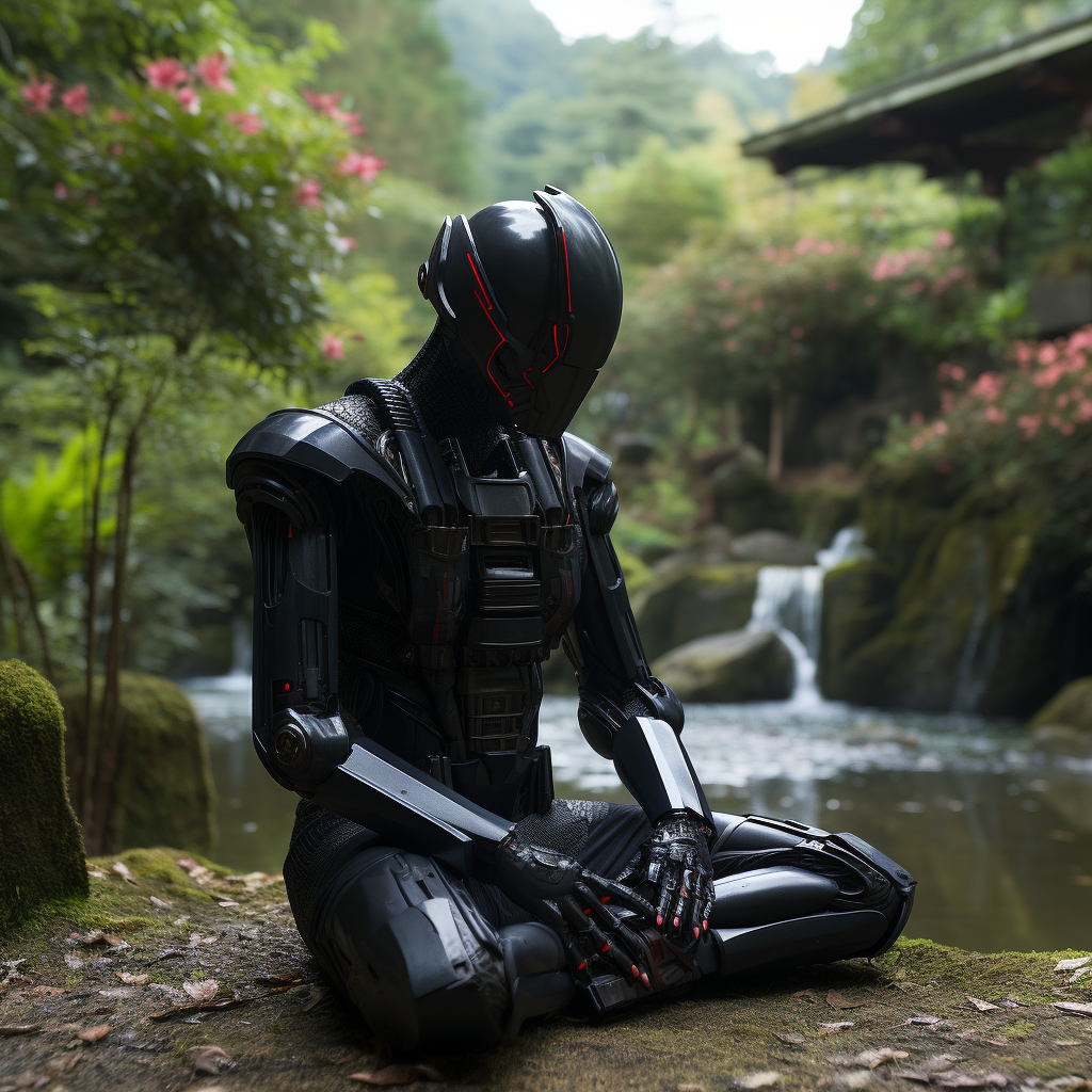 Android Bishop sitting in Japanese Garden