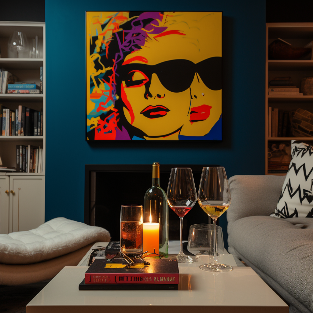 Colorful fireplace with book and wine