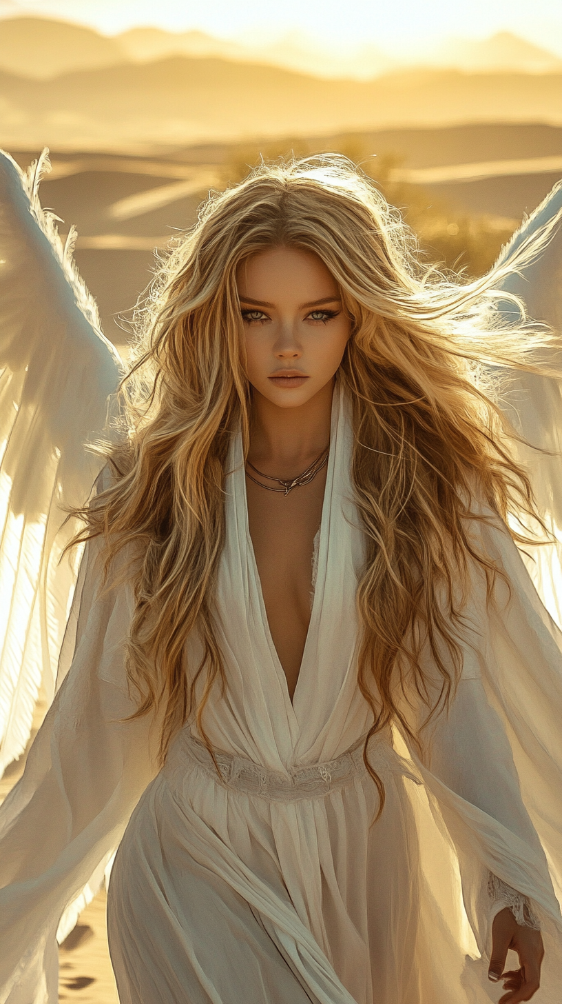 angel bad girl with long white wings, desert sun