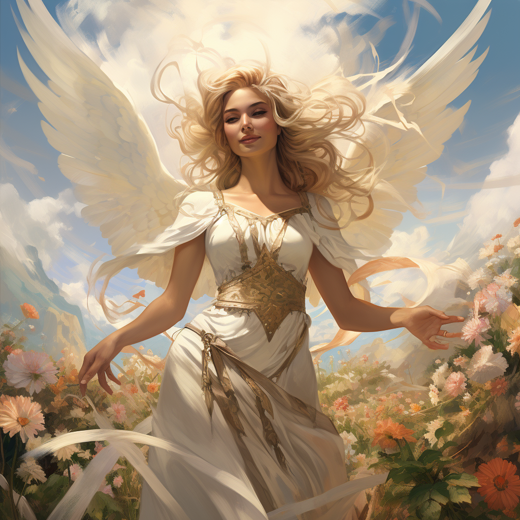 Beautiful angel hovering over flowerpatch