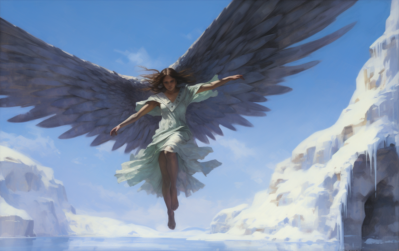 Serene angel flying above icy lake