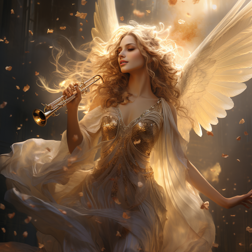 Female angel of light blowing trumpet