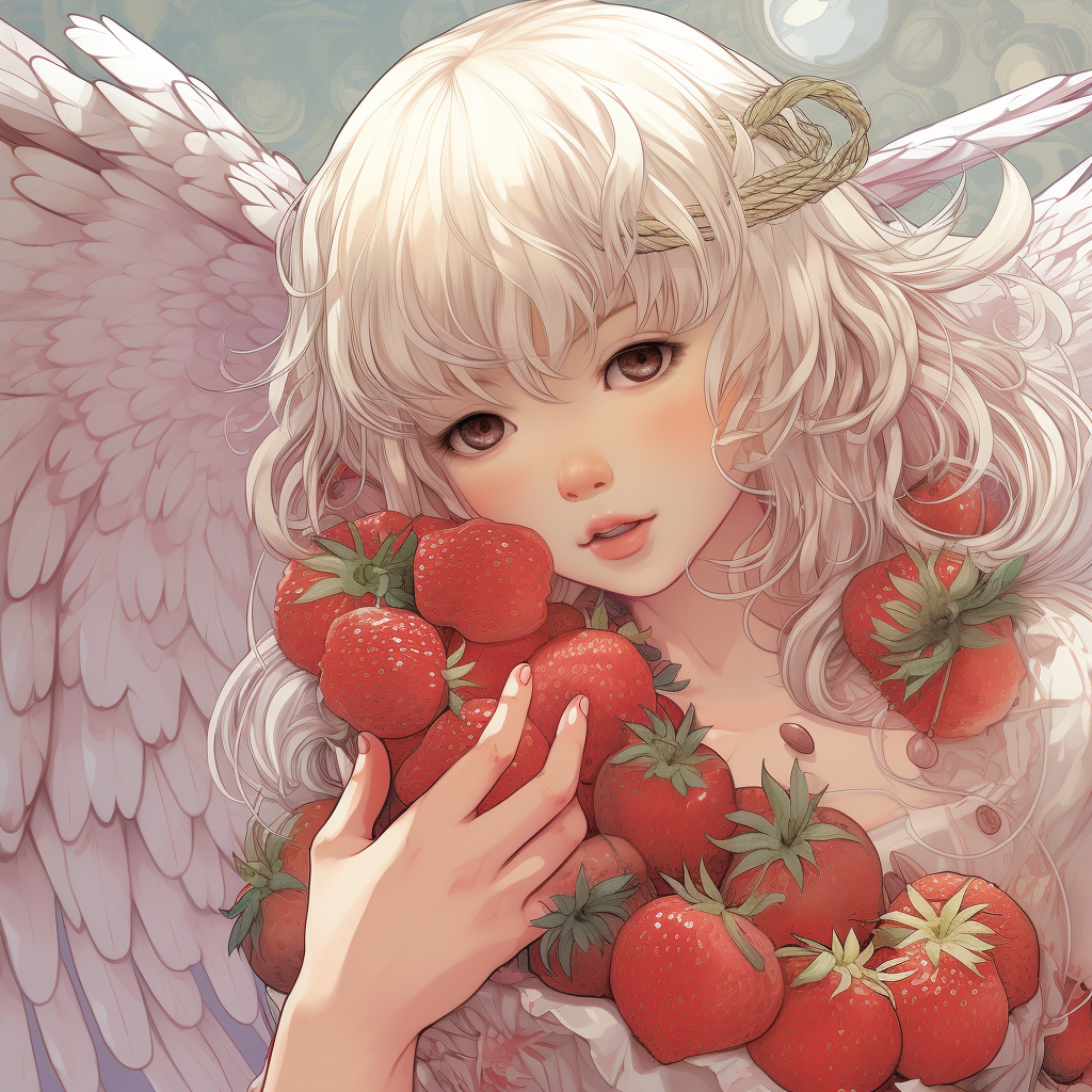 Little girl with wings eating lychee fruit