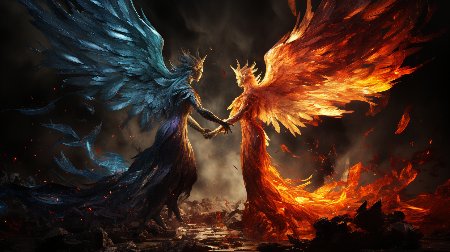 Angel Michael battling Lucifer in vivid colors