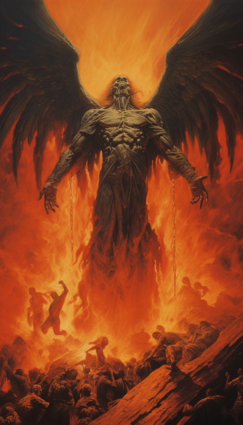 Illustration of the powerful angel of death charging into hell