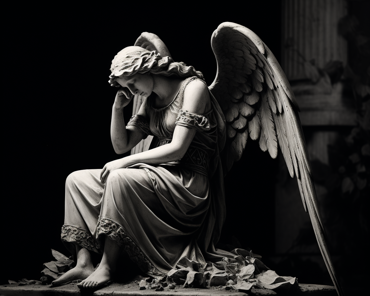 Black and white angel sculpture kneeling side