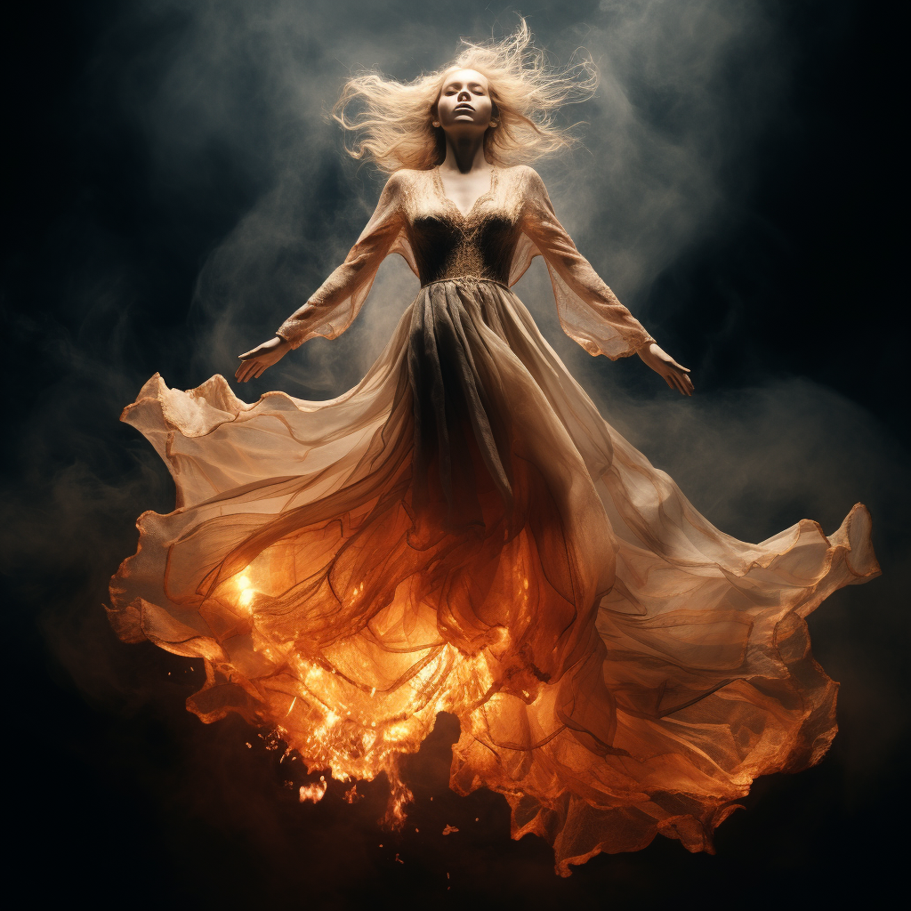 Angelic figure ascending in sky with fiery dress