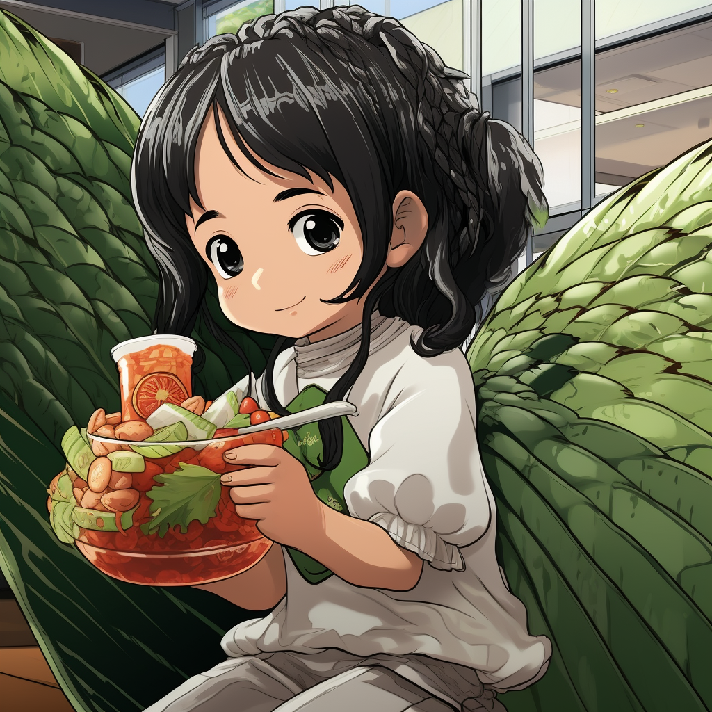 Adorable girl with wings enjoying soursop fruit