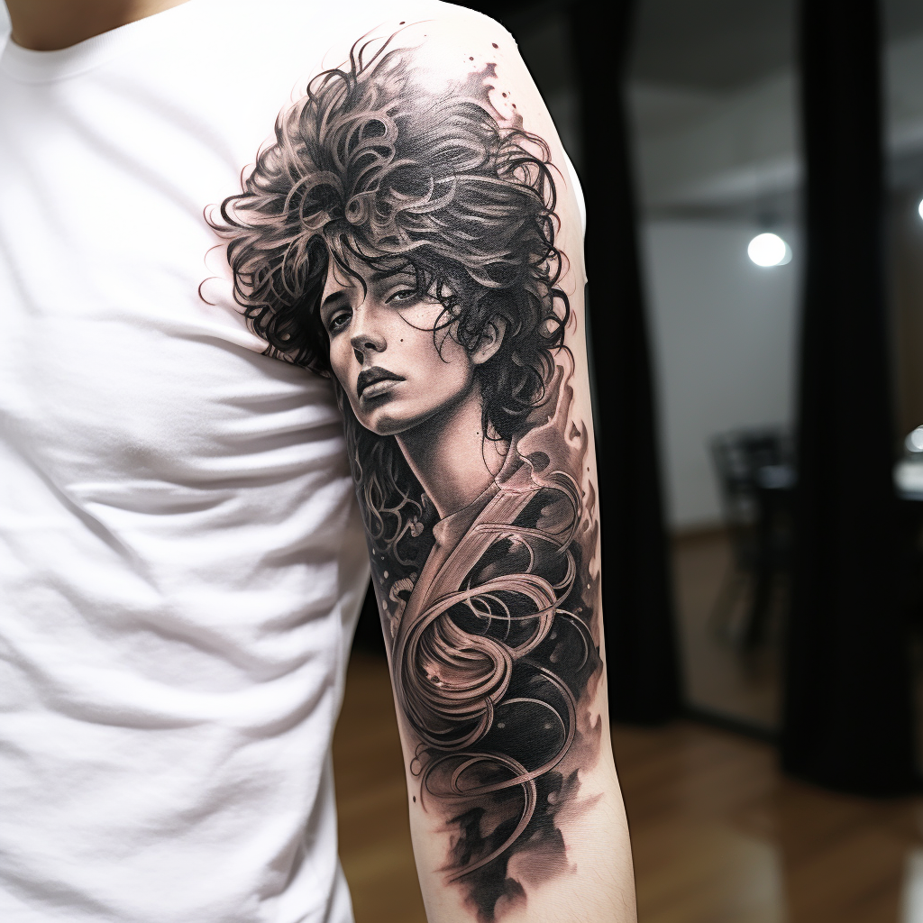 Angel Tattoo with Curly Hair and Strong Light