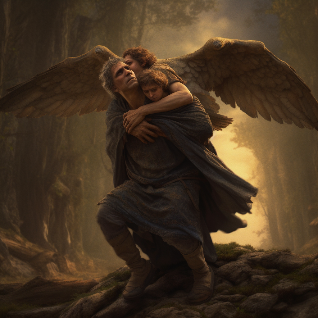 Angel carrying a happy man in a stone land