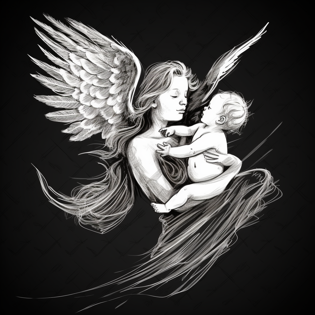 Sketch of angel holding baby flying