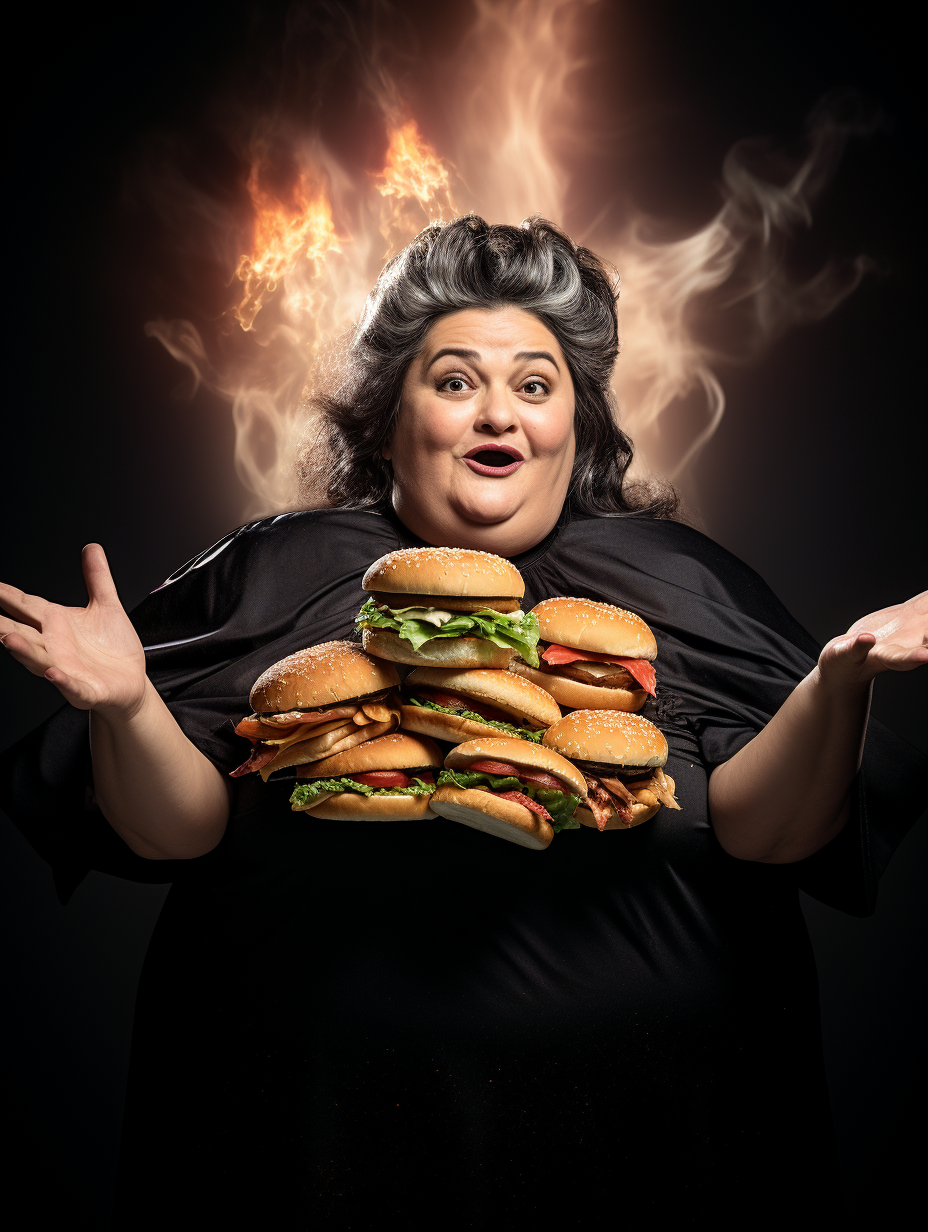 Spanish Chubby Lady as the Angel of Burgers