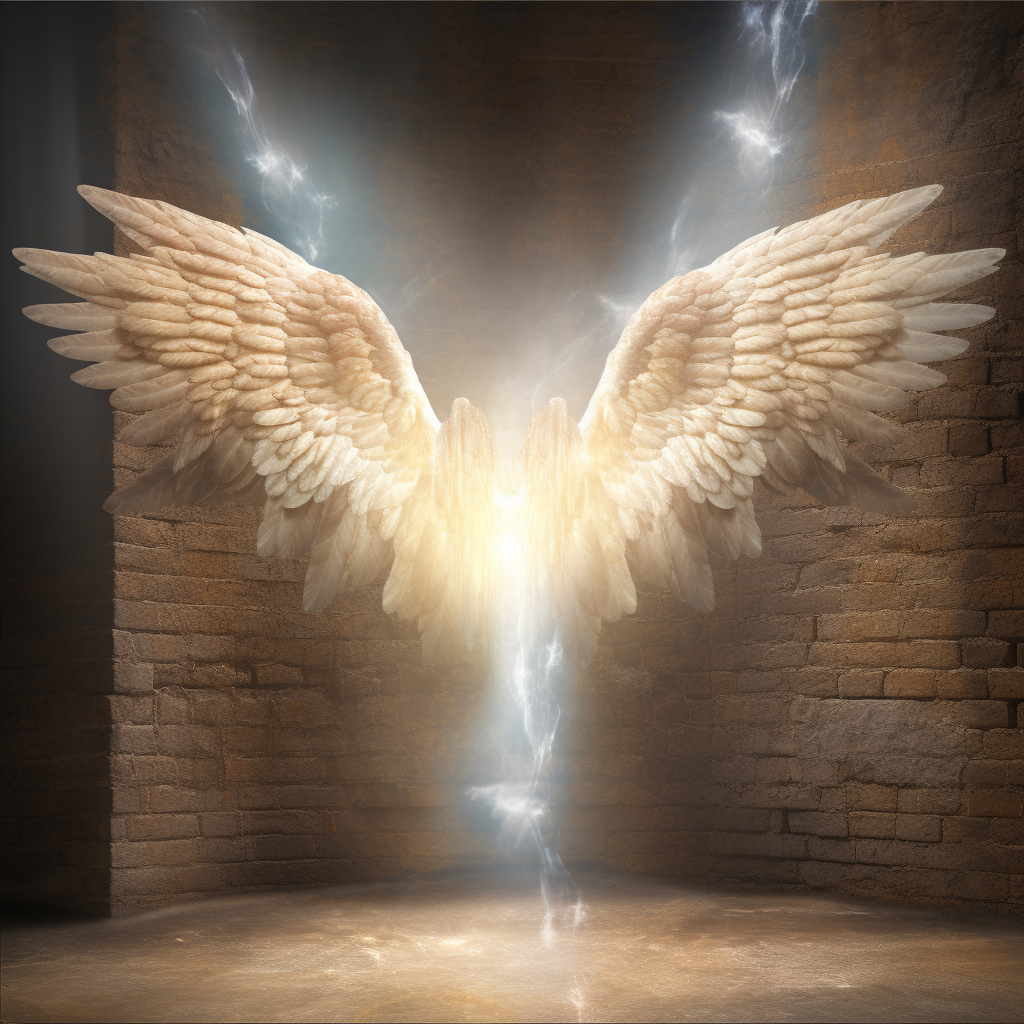 Beautiful angel wings with glowing light in an old castle