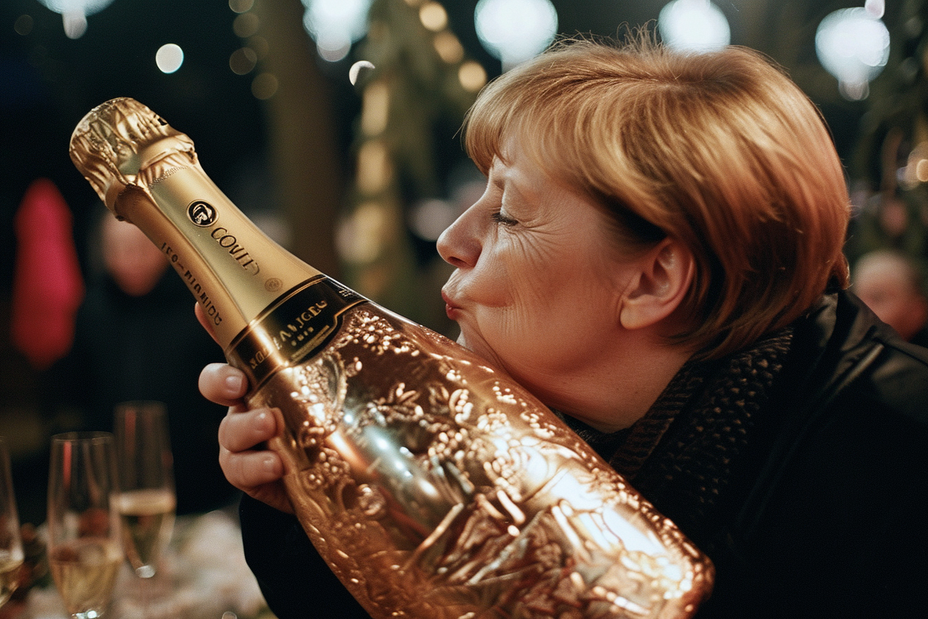 Angela Merkel kissing champagne bottle