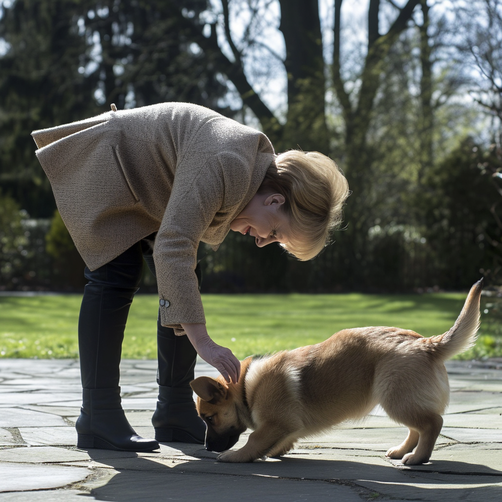 Angela Merkel handstand kissing puppy