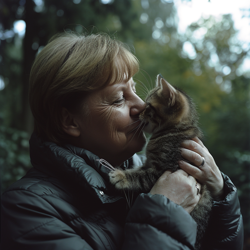 Angela Merkel with physically challenged kitten