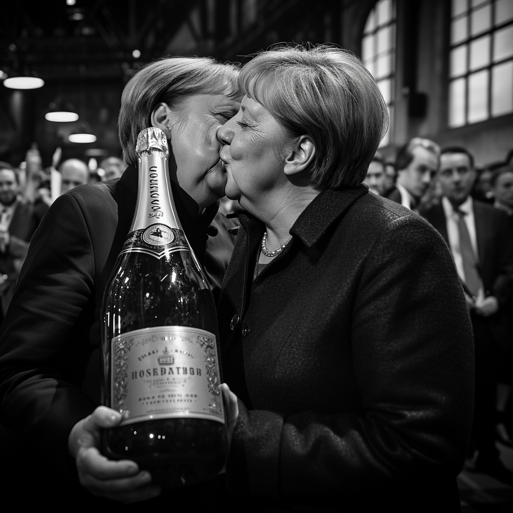 Angela Merkel kissing giant champagne bottle