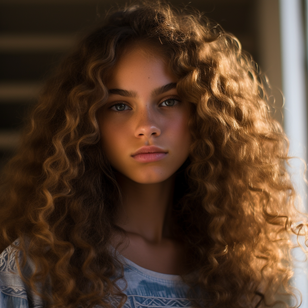 Smiling biracial teenager with beautiful blue eyes and golden curly hair