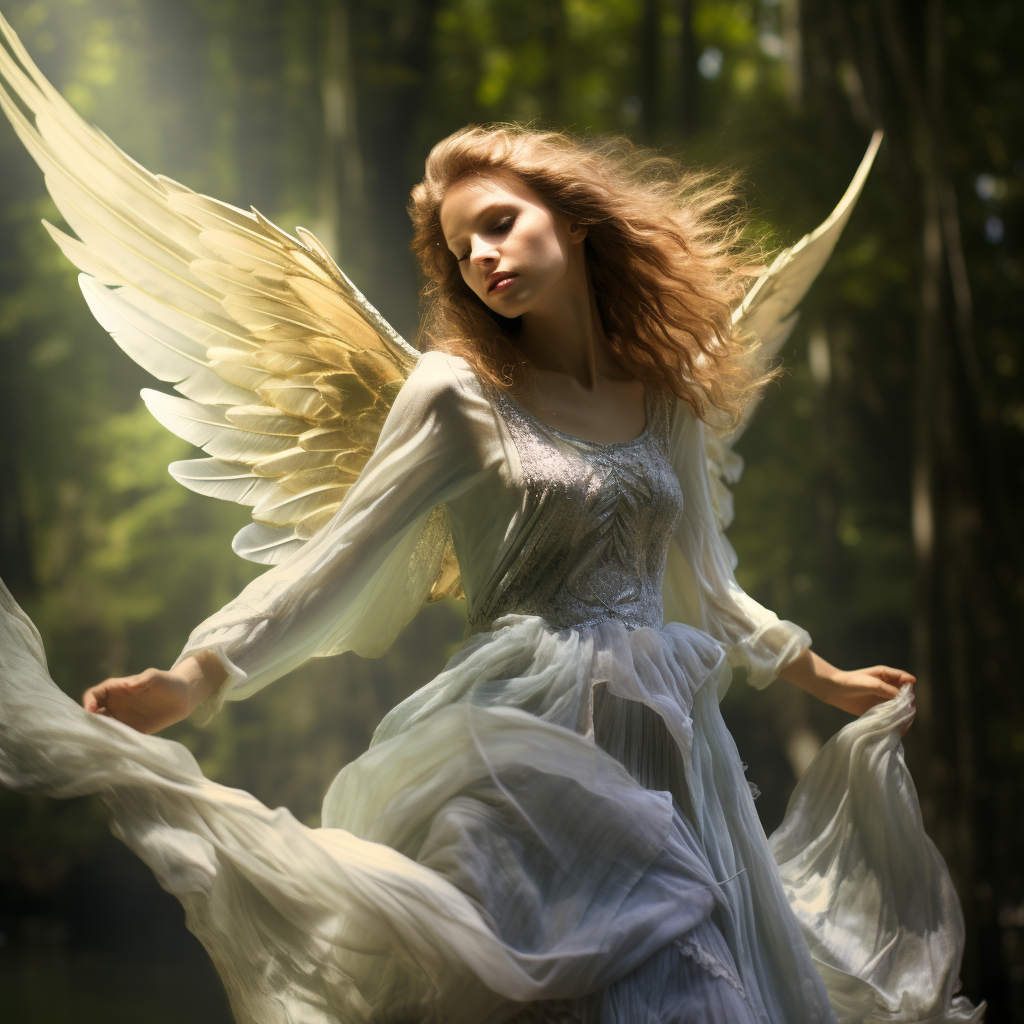 Angelic movement in bright summer forest