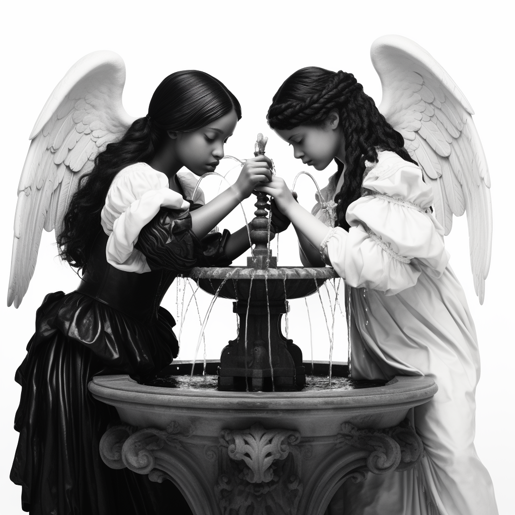 Two angelic girls with a Renaissance fountain