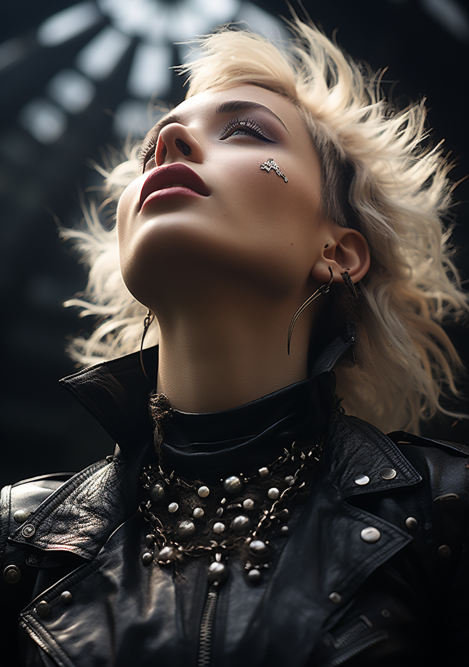 Close-up of Angelic Punk Woman in Shiny Leather