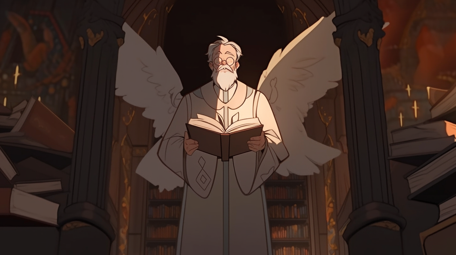 Hand drawn angelic academic advisor with dragon book