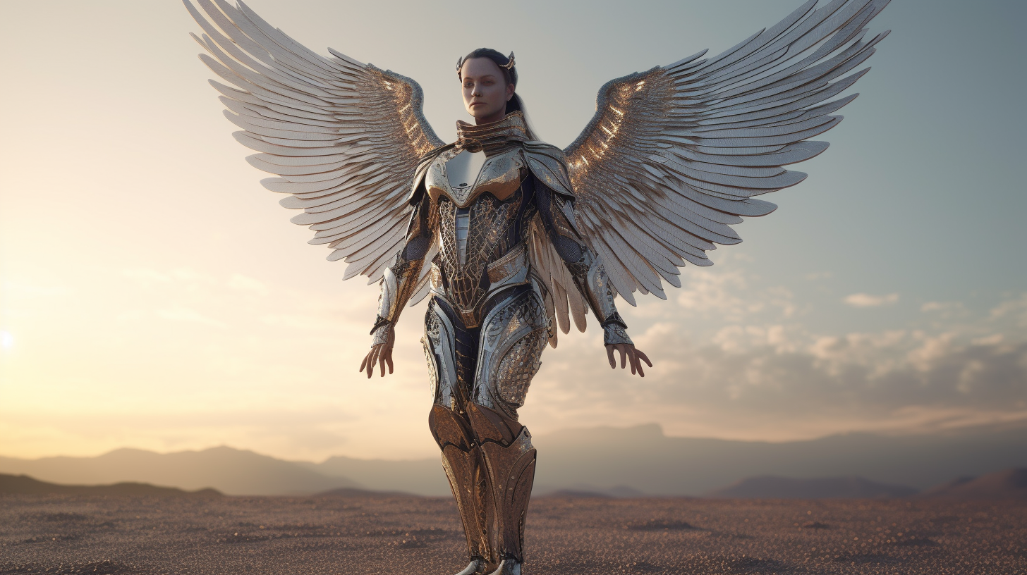 Female humanoid angel with armor and beautiful wings