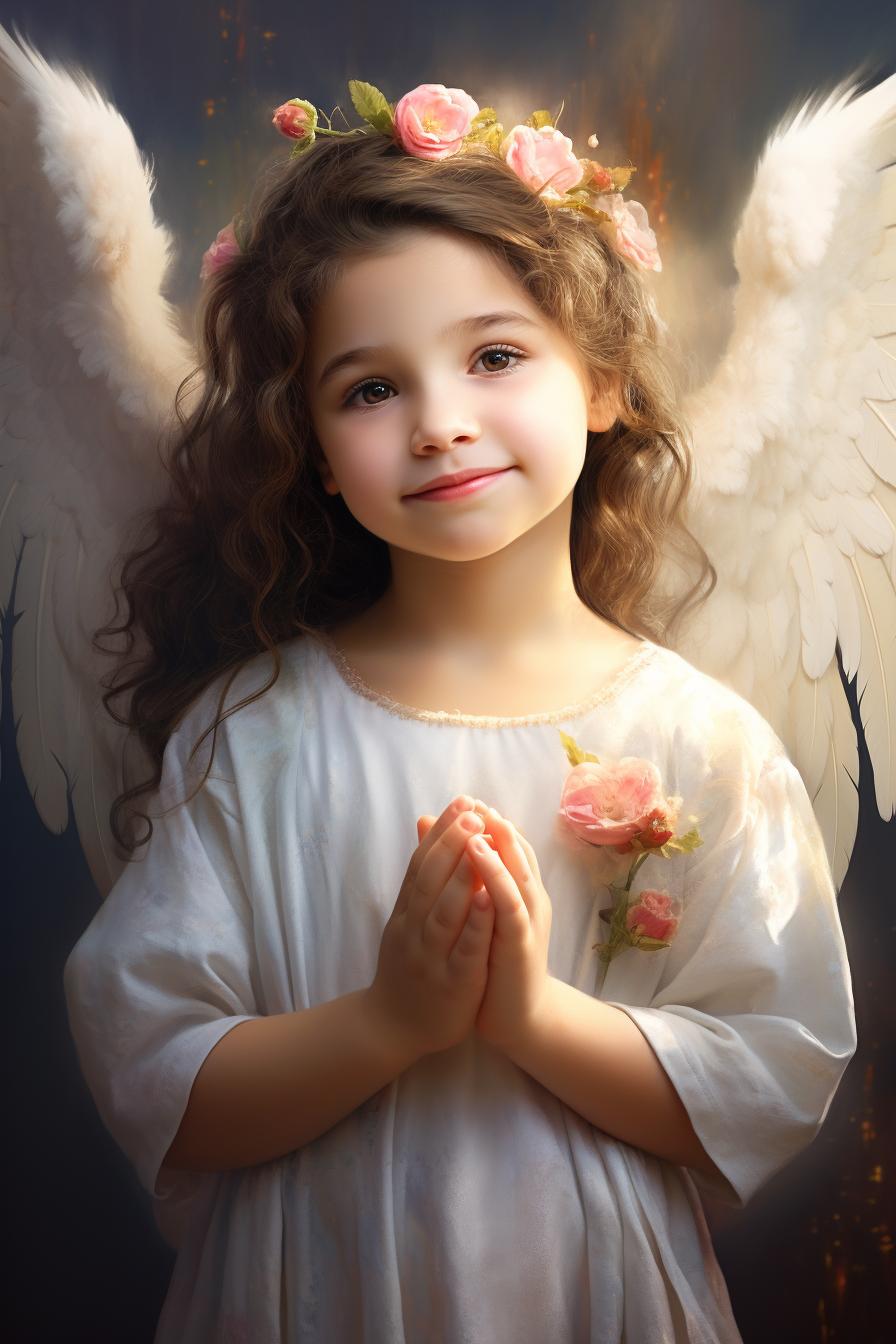 Young girl smiling in front of angel wings