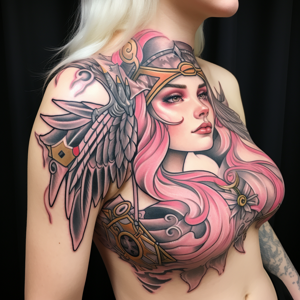 Angewomon in traditional American tattoo style