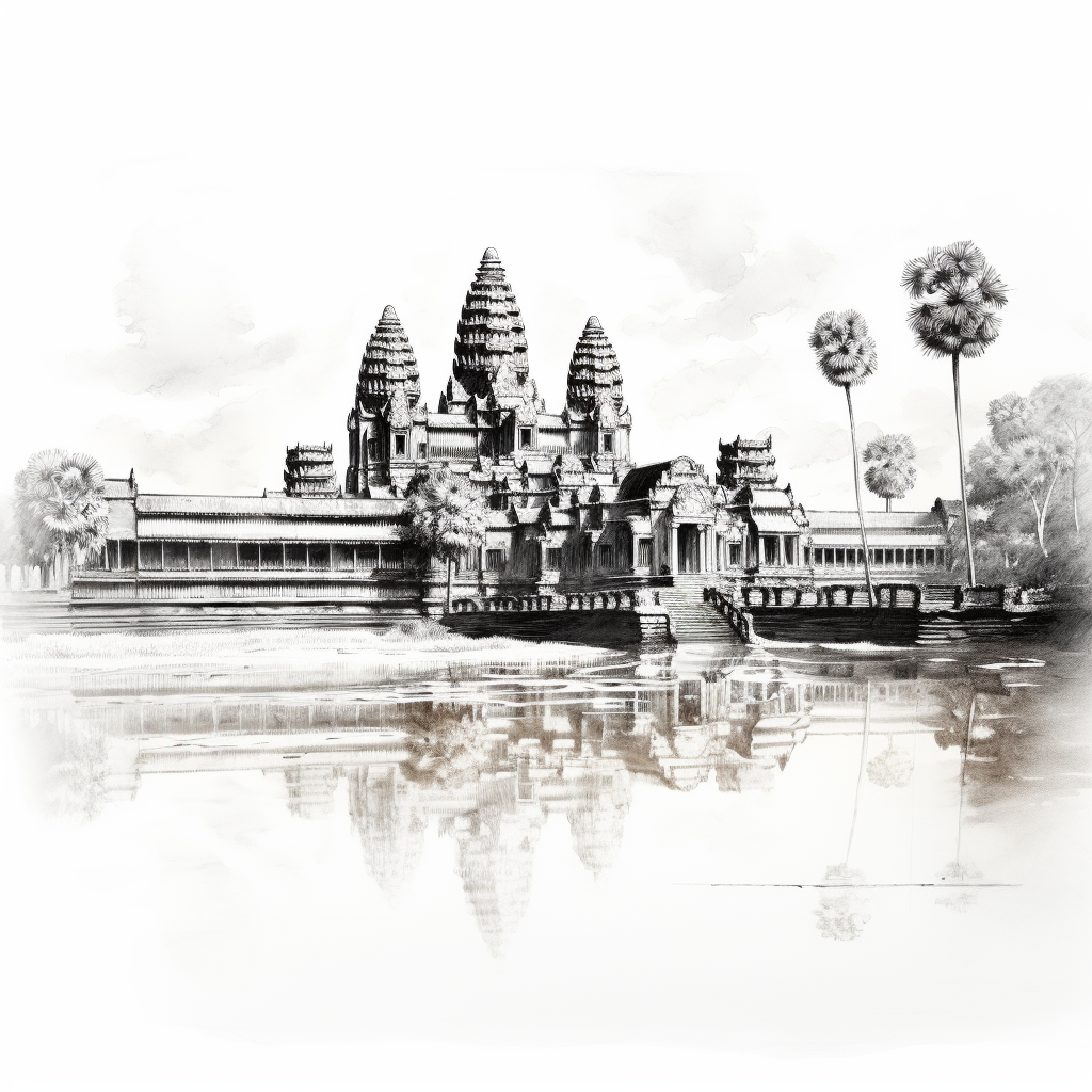 Simple black and white Angkor Wat temple drawing