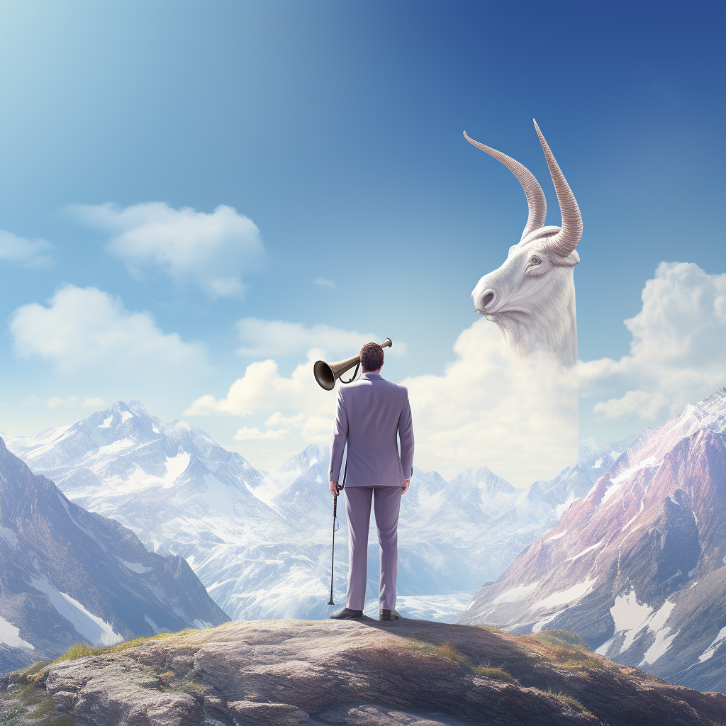 An androgynous person enjoying the mountain view while listening to an Alpine horn.