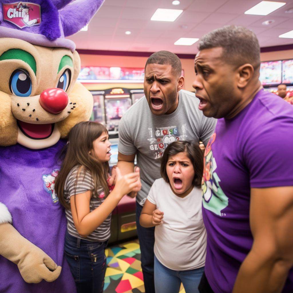 Adults having an argument at Chuck E Cheese