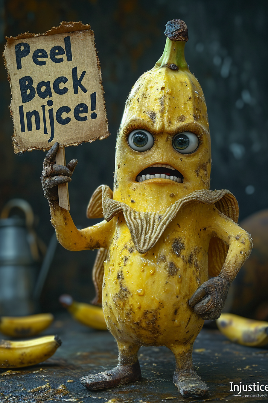 Angry banana with sign  Peel Back Injustice!