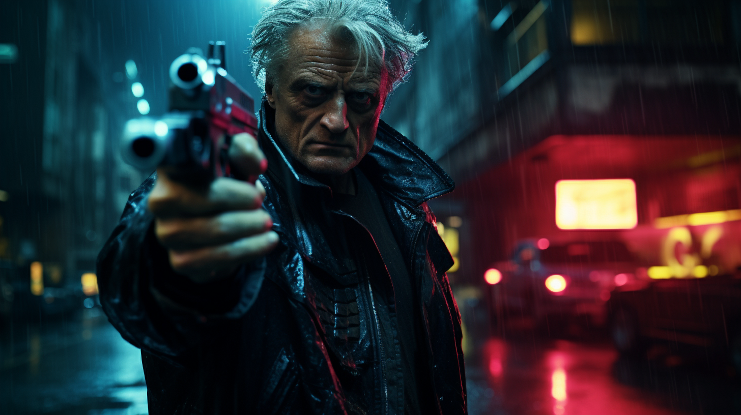 Angry Rutger Hauer pointing a gun